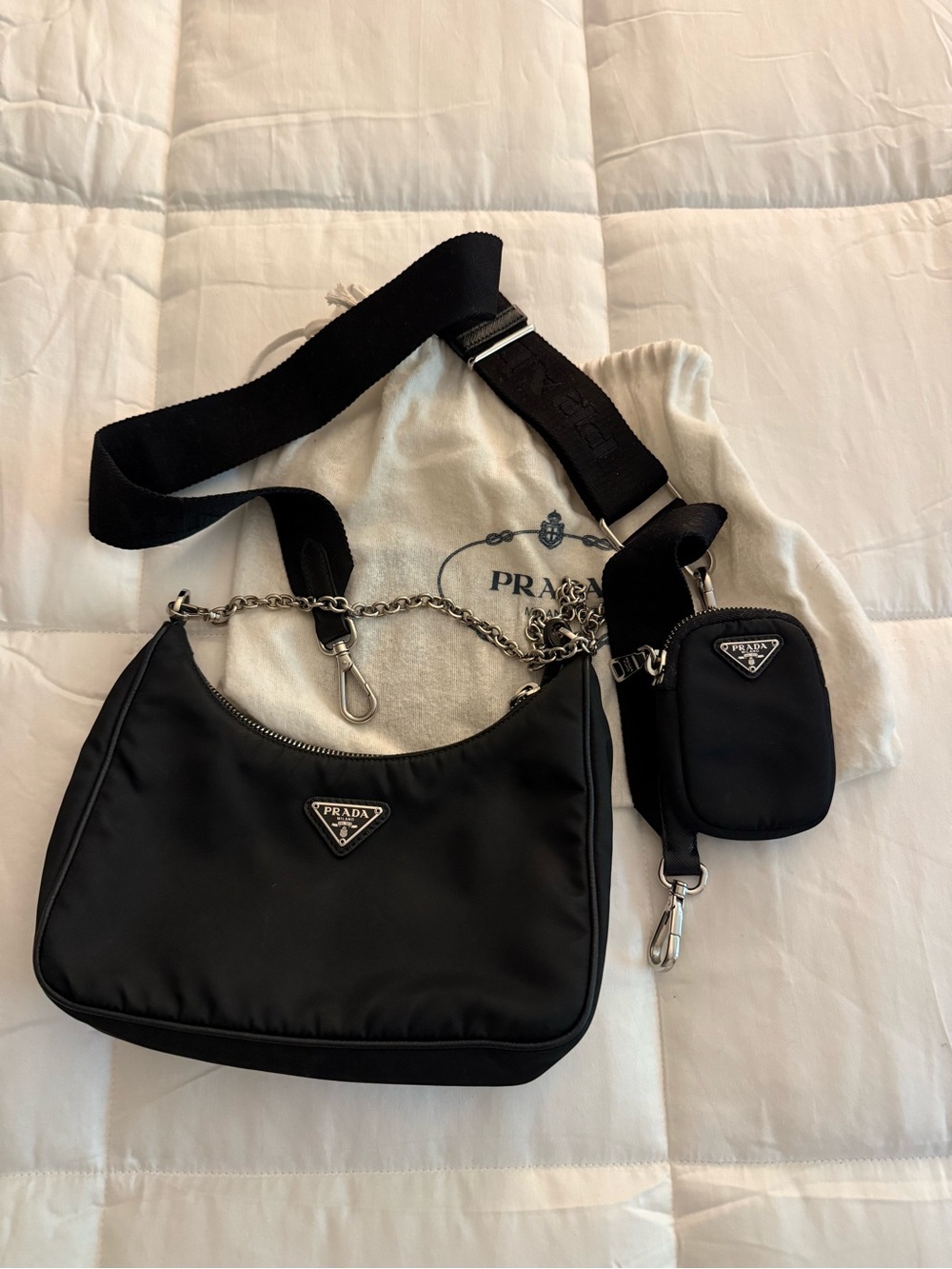 Prada Black Nylon Shoulder Bag with Chain Accent and Mini Pouch